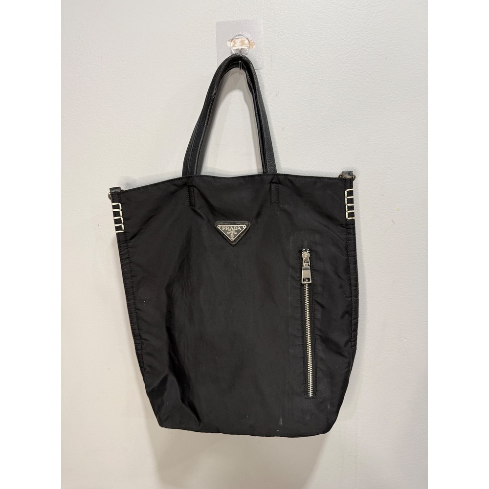 Prada‎ Black Tessuto Nylon Tote Bag Whipstitch Detail Triangle Logo Shopper